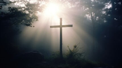 Naklejka premium A cross in the middle of a forest with sunlight shining through. Generative AI.