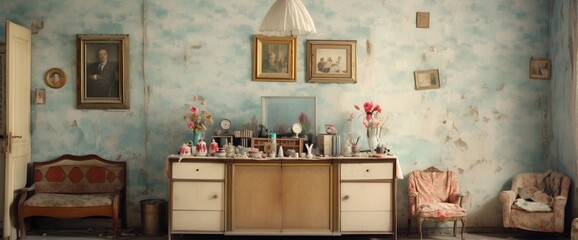 Example of Old Soviet Russian poor interior in Khruschev House. Aged sideboard, table, chairs, sofa. Shabby floor. Tattered wallpaper on the wall. Paper butterflies as decor. Apartment of pensioners.