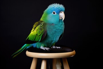 A green and blue parrot sitting on a stool. Generative AI.