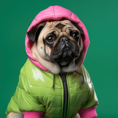 Pug dog in a green and pink jacket. Generative AI.