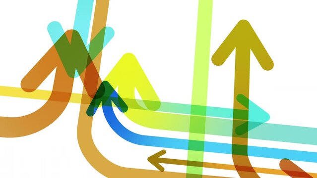 Abstract arrows following different paths. Loop section from 6:00 to 41:00. Colorful arrows on white background.
