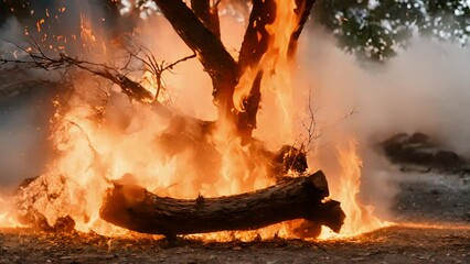 Closeup tree trunk exploding into flames, crackling popping sounds adding chaotic symphony raging fire.