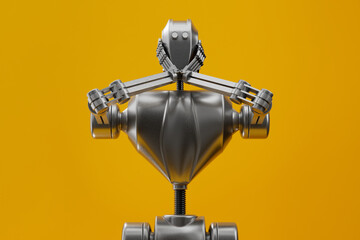 robot stands isolated, palms covering mouth, portraying a mix of emotions—impressed, worried, and amazed