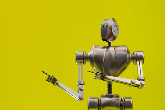 AI robot points to the side with fingers, offering an invitation to explore or advertising ample copy space for creative endeavors