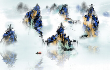 Hand drawn Chinese style blue ink landscape painting 