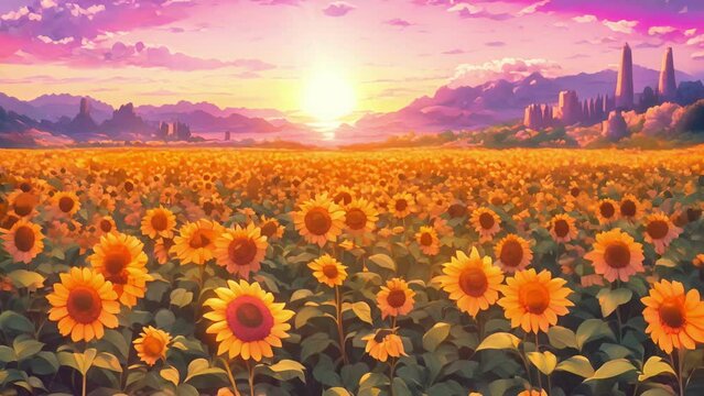 sunflower field transforms into vibrant hues, flowers illuminated setting sun, painting gradient oranges, pinks, purples. stream overlay animation