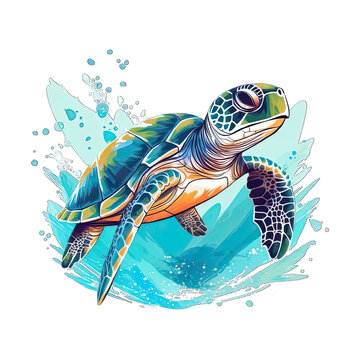 cartoon green turtle swimming in water on transparent background