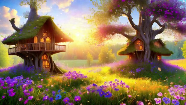 Autumn leaves falling past fantasy treehouses at sunrise