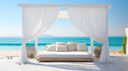 Outdoor bed in front of the ocean with white curtains.