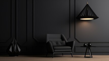Black wall and black furniture in front of light fixture.