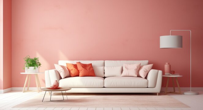 Living room with pink walls, in the style of light white and dark orange, minimalist backgrounds.