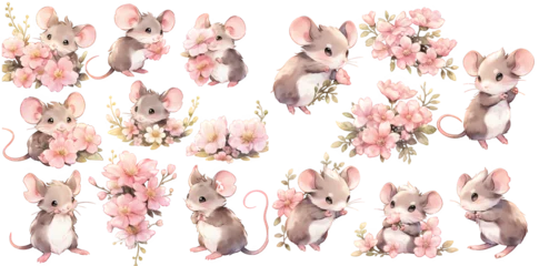 Fotobehang Mice with flower watercolor illustration clipart. Generative AI © Dian