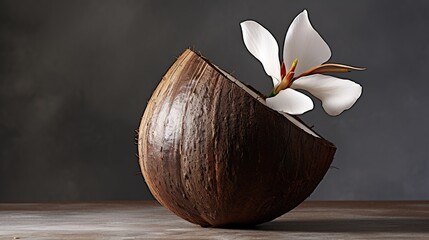 coconut on a wooden background - obrazy, fototapety, plakaty