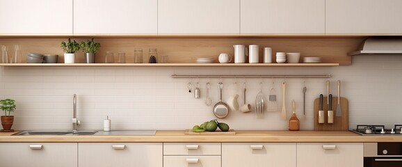 Interior of modern kitchen with white counters, door and peg boards