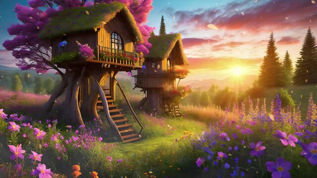 Sunrise glow on beautiful fantasy treehouses - Animated