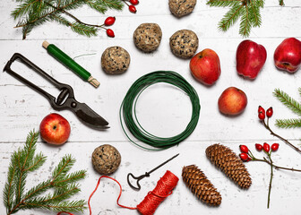 Top view of workplace with organic  red apples, tallow balls, rose hip berries, pine, fir branches...
