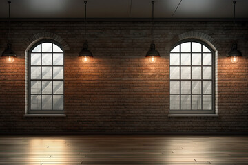 empty industrial warehouse with brick walls and windows. industrial loft style empty old warehouse interior