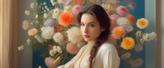 Beautiful young model surrounded by colorful flowers