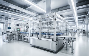 An advanced pharmaceutical factory with robotic systems precisely filling, capping, and labeling medicine bottles. High-tech automation ensures sterile, efficient production. Generative AI. - obrazy, fototapety, plakaty