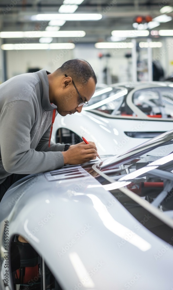 Poster A skilled automotive engineer tests sleek car prototypes in a high-tech facility, driving innovation. Generative AI.