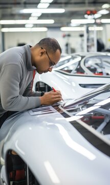 A skilled automotive engineer tests sleek car prototypes in a high-tech facility, driving innovation. Generative AI.