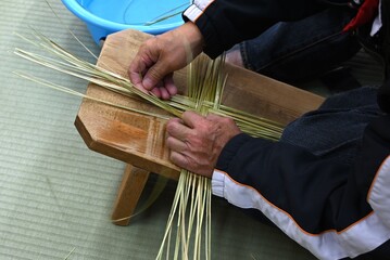 Japan sightseeing trip. Japanese handmade traditional crafts. Making bamboo colander. Katsuyama,...