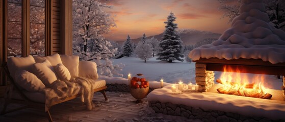 Cozy winter scene with fireplace and snow-covered landscape. Seasonal comfort and warmth. - obrazy, fototapety, plakaty