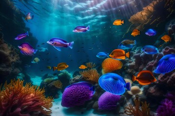 Naklejka na ściany i meble coral reef and fish in beautiful deep sea water scene
