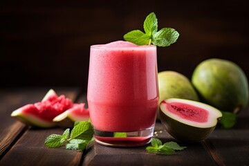 Experience tropical flavors with this homemade guava smoothie on a rustic table under gentle morning light