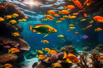 fish swimming in the aquarium of green and yellow colourand glod colour - obrazy, fototapety, plakaty