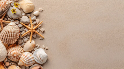 Seashells, starfish, small pebbles and daisy flower on sandy beach. Summer vacation background template. Created with Generative AI technology