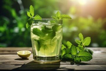Enjoying a healthful and invigorating Iced Matcha Tea garnished with fresh mint at a rustic cafe table