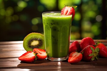A healthy and refreshing Kiwi Strawberry Juice surrounded by fresh fruit on a rustic wooden table bathed in sunlight