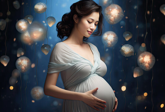 pregnant woman in a blue dress with lights behind her