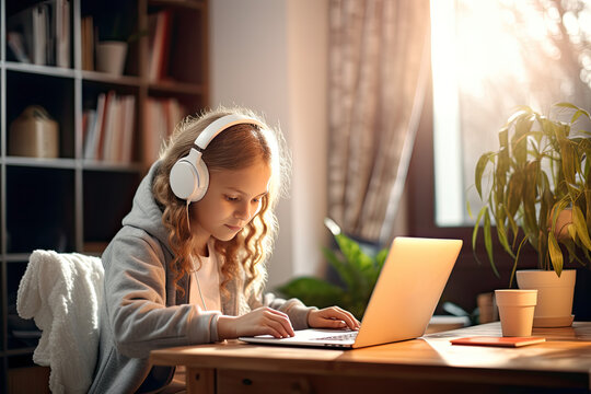 School child studying homework during online lesson at home by laptop with headphones