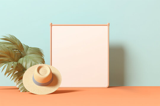 Wooden frame white board against light blue wall next to straw hat and tropical plants. Created with Generative AI technology