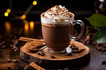 An enticing view of a frothy chocolate and hazelnut latte served in a cozy cafe ambiance