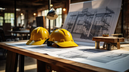 yellow helmet and blueprints standing on the desk - obrazy, fototapety, plakaty