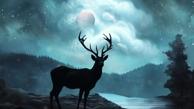 deer-on-a-rock-mountain-lake-with-moon-trees-parallax-effect-3d-motion-graphics-seamless-loop