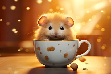 cute hamster in a cup on table
