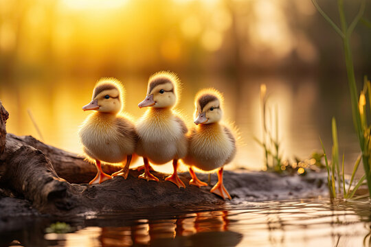 ducklings standing together near water with lens flare at sunset