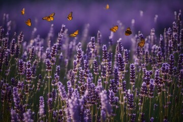 lavender field in region with beautiful coloured flying butterflies - Powered by Adobe