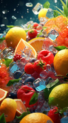 Fresh tropical fruit and ice cube on blue gradient background. Created with Generative AI technology