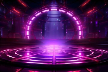 Futuristic neon-lit stage with glowing purple circle patterns, conveying a sci-fi space station interior. - obrazy, fototapety, plakaty