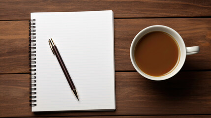 top view blank notebook and coffee with pen on wooden table. business concept