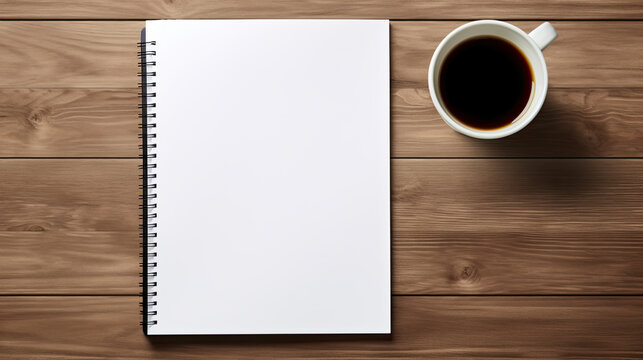 top view blank notebook and coffee with pen on wooden table. business concept