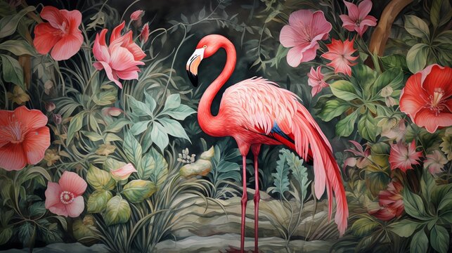 flamingo in the forest with flowers and leaves watercolor vintage painting