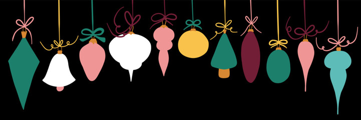 Hanging Christmas Toy Collection. Xmas Ball Retro Set. New year hand drawn toys in vintage style. Bauble with bow. Cartoon doodle elements. Childish vector illustration isolated on black background