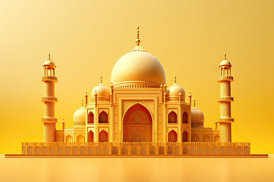 3d gold mosque on yellow background. islamic concept