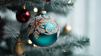 Fototapeta na wymiar Christmas tree decorated with baubles and snowflakes on blurred background. Copy space for text